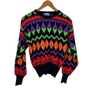 Vintage Meister Ski Sweater Wool Acrylic Geometric Neon 80's Sweater Sz S UNISEX